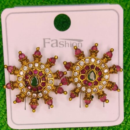 Ruby Halo Sunburst Temple Stud Earrings