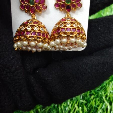 Ruby Emerald Pearl Jhumka Earrings