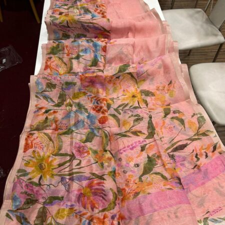 Linen Saree With Floral Digital Print